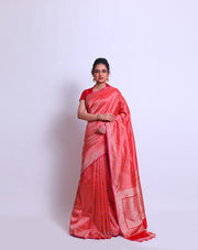 A Red Silk Handloom Saree with a combination of Zari and contrast colors woven in stripes all over the drape sounds captivating - BSK01054