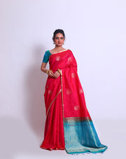 The Pink South Silk saree with thin zari border and zari big leaf buttis all over the drape sounds absolutely charming - KSL03104