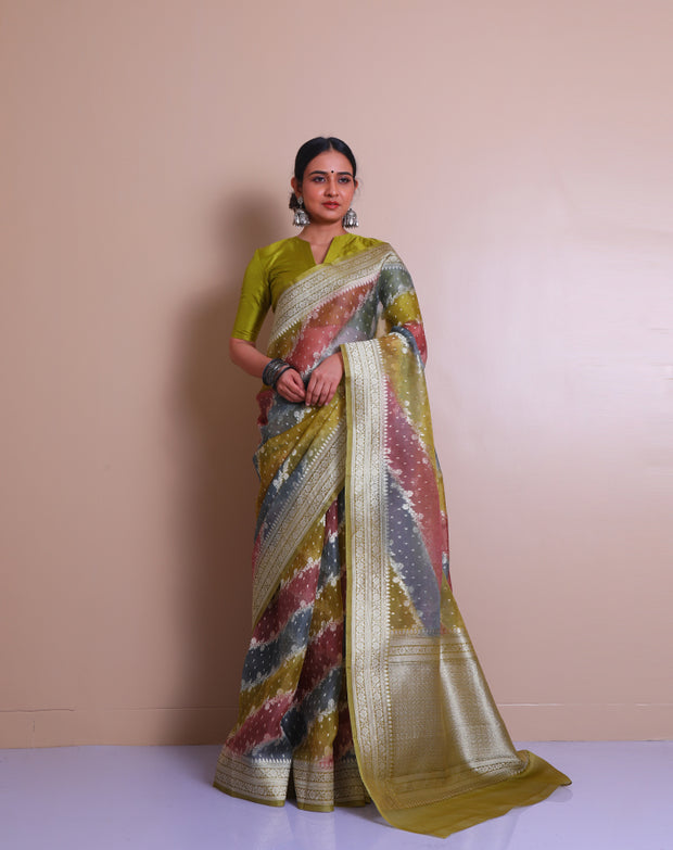A multi Banarasi organza saree with multi-color and zari woven throughout the drape. - BSK010625