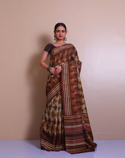 The brown blended saree with Shibori style print on the border, pallu, - BLN00986