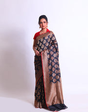 A Black Handloom Silk saree with antique Zari on the border and pallu sounds sophisticated and elegant - BSK08908