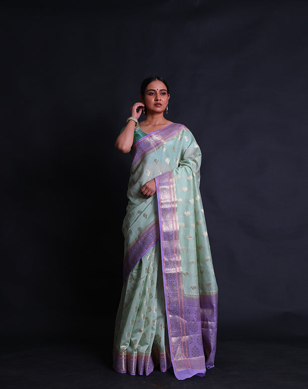 A light green blended saree features a beautiful flower design woven in zari across the drape, - BLN01556