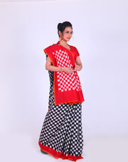 Black and White Silk Cotton Puttapakam saree with a contrast red border featuring a mustard selvage sounds striking - BLN01236