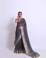 The multi-blended saree with silver zari in the border and pallu, featuring printed lines - BLN01337