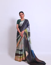 The multi-blended saree with green stone embroidery on the border, pallu, and all over the drape - BLN01368