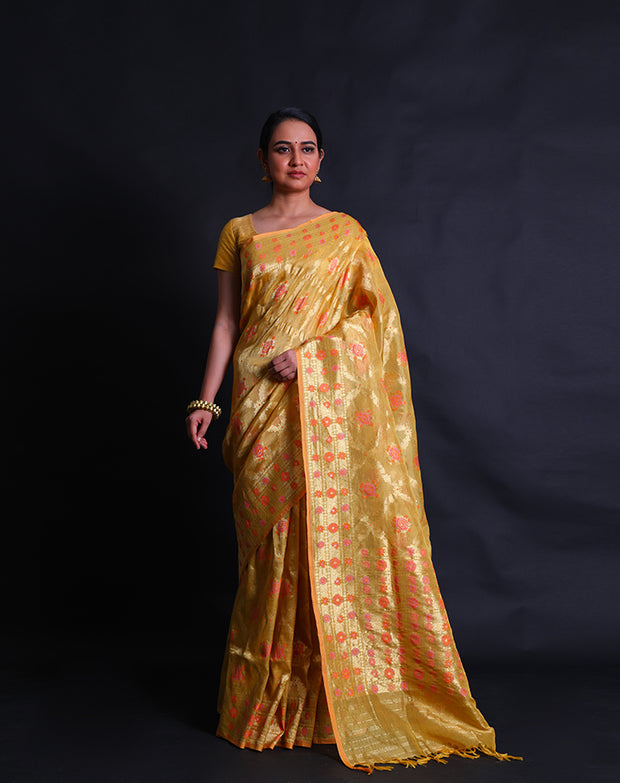 The mustard Banarasi kora tissue saree with gold zari and thread woven designs,- BSK010591