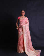 The peach Banarasi summer crepe saree with thread and gold zari woven buttis.- BSK010447