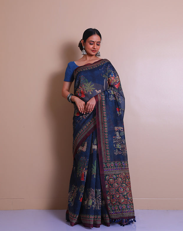 The dark blue blended saree with Madhubani print, thread, - BLN01549