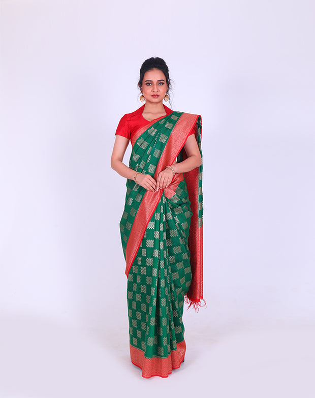 Soft Tussar Bottle Green Handloom Saree with Zari weaving all over sounds stunning - BSK010659