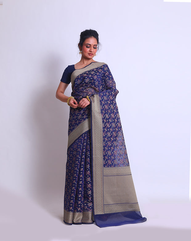 The Navy Blue Fancy Cotton saree with thread design woven on the border and pallu sounds elegant and versatile - FCT011110