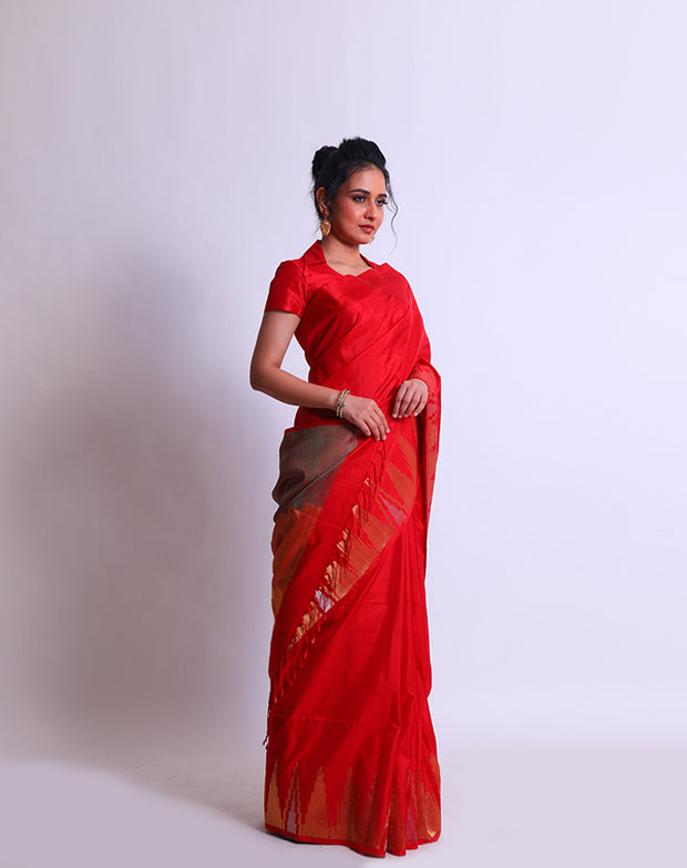A Red Soft South Silk saree with a gold and silver Zari temple border and red tassels sounds exquisite - KSL02869