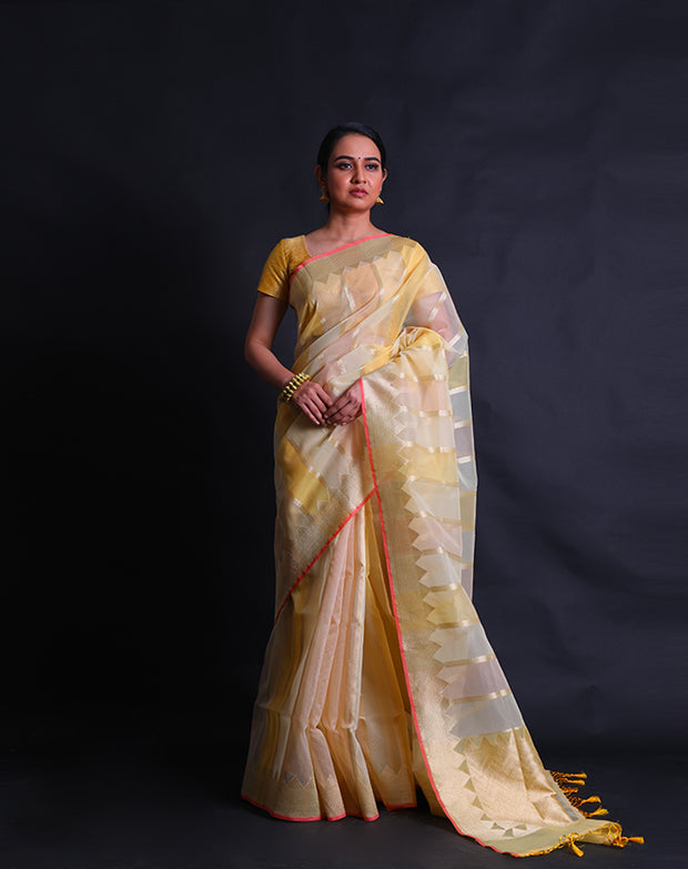The cream organza saree with shades of light color and zari lines all over the drape sounds ethereal and elegant,- FCT011113