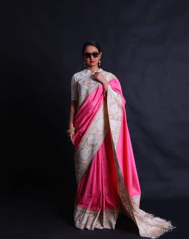 The pink Tussar silk handloom saree with beige thread woven in the border and pallu,- BSK09122