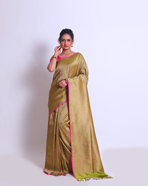 The Green Banarsi Handloom saree with antique zari detailing in the border - BSK010296