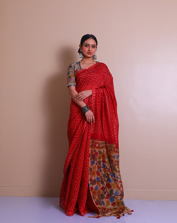 The red blended saree with bandini design printed all over and Shibori print on the border. - BLN00932