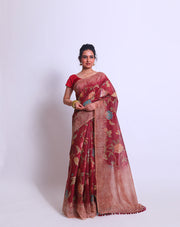 The maroon semi-cotton saree with beige print on the border and pallu - BLN01345