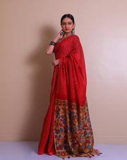 The red blended saree with bandini design printed all over and Shibori print on the border. - BLN00932