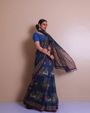 The dark blue blended saree with Madhubani print, thread, - BLN01549