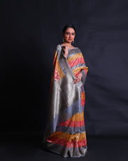 The multi-colored Banarasi cotton saree with bird design woven in zari as buttis all over the drape,- BSK010630