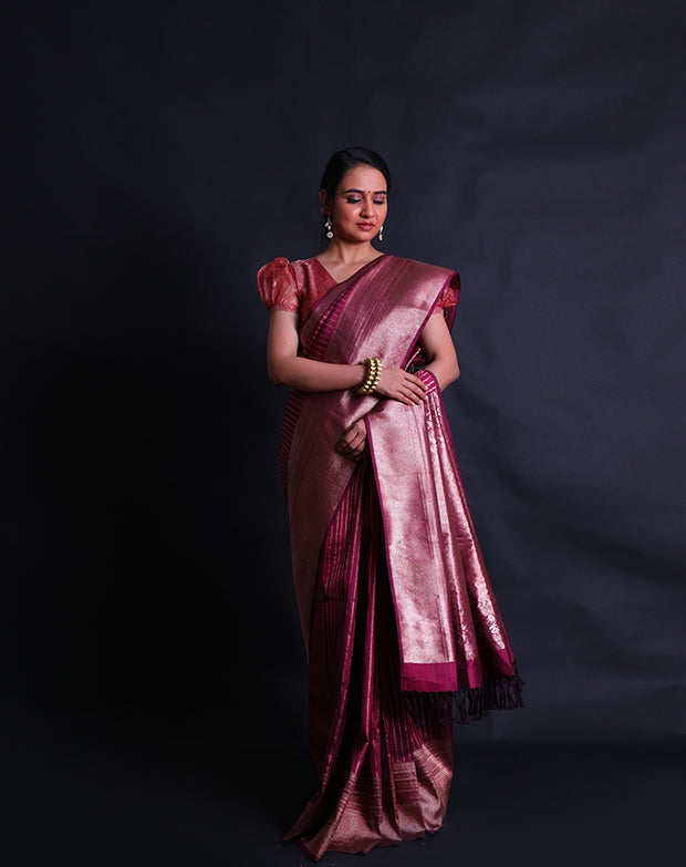 The wine Kanjivaram silk saree with vertically woven zari lines all over the drape,- KSL03140