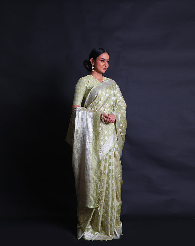 The light green Banarasi silk saree you've described sounds enchanting,- BSK010346