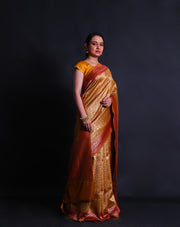 The mustard Banarasi handloom cotton saree woven in brocade style with geometrical design.- BSK010627