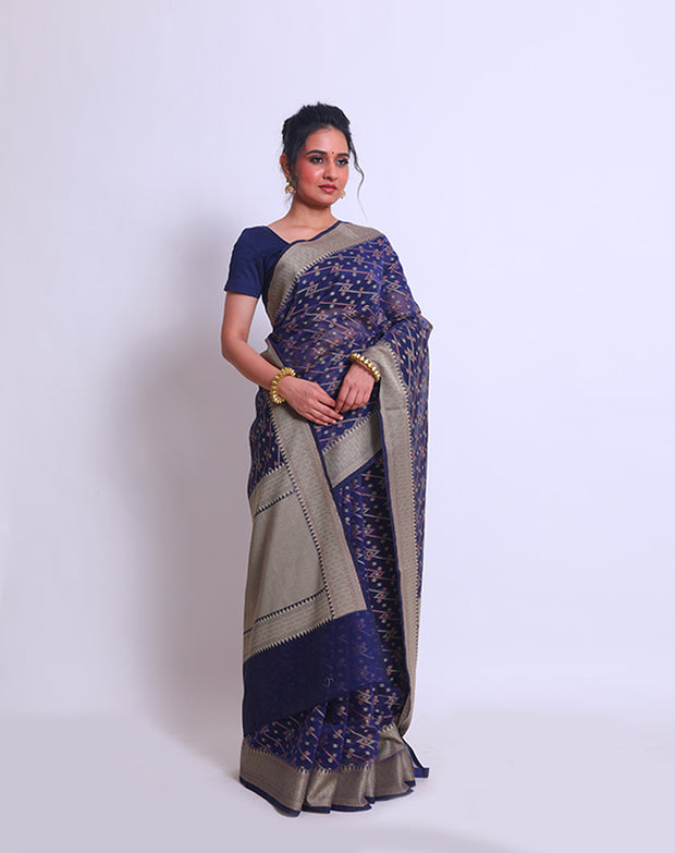 The Navy Blue Fancy Cotton saree with thread design woven on the border and pallu sounds elegant and versatile - FCT011110