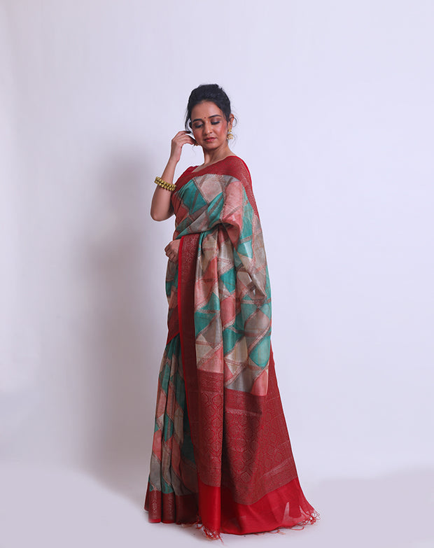 The multi-color Banarsi Cotton saree with a maroon border and pallu adorned with antique zari - FCT011157