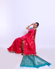 The Pink South Silk saree with thin zari border and zari big leaf buttis all over the drape sounds absolutely charming - KSL03104