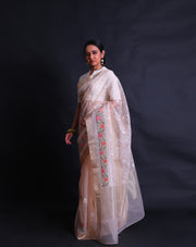 The light peach organza saree with machine embroidery in thread all over the drape,- BLN01555