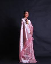The Peach Banarasi Kora saree with silver lines woven horizontally all over the drape,- BSK010582