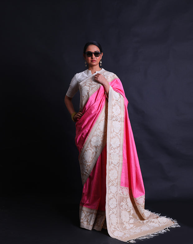 The pink Tussar silk handloom saree with beige thread woven in the border and pallu,- BSK09122