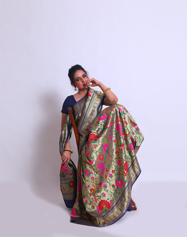 The Navy Blue Blended Silk saree with Paithani raindrop design on the border with zari sounds absolutely exquisite - PTN00123