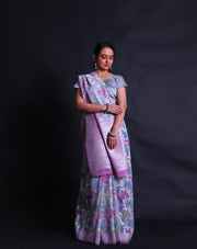 The pink semi Khadi georgette saree with rangkhat design and silver zari woven all over the drape,- CHG04011