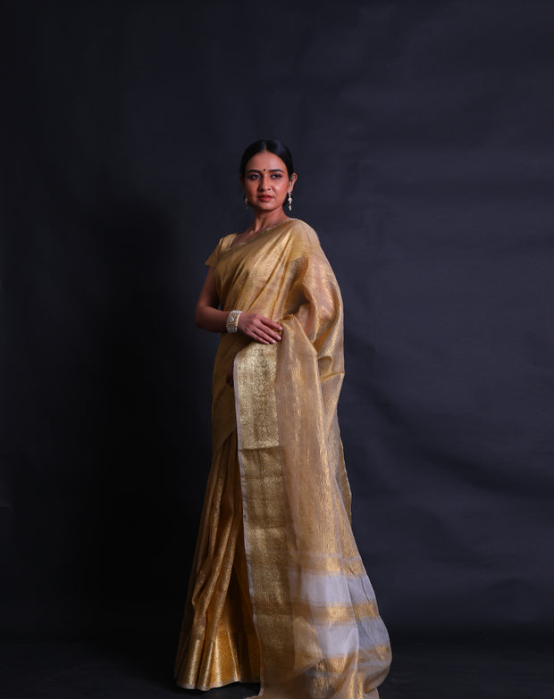 The gold-crusted tissue saree with a gold zari border and pallu exudes luxury and opulence.- FCT011106