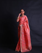 The peach fancy cotton saree with machine thread embroidery all over the drape sounds elegant and chic.- FCT011112