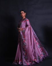 The pink blended Tussar saree you described features self-thread embroidery in a zig-zag pattern across the entire drape,- BLN01411