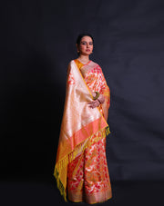The gold spot Banarasi silk handloom saree with silver zari woven flower design.- BSK010558
