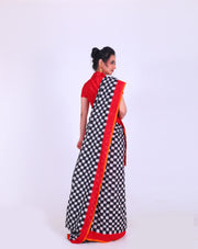 Black and White Silk Cotton Puttapakam saree with a contrast red border featuring a mustard selvage sounds striking - BLN01236