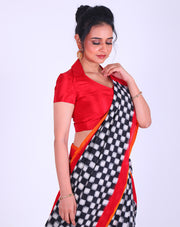 Black and White Silk Cotton Puttapakam saree with a contrast red border featuring a mustard selvage sounds striking - BLN01236