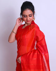 A Kesari Soft South Silk saree with self red lines and Zari lines woven all over - KSL03116