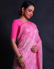 The pink Banarasi handloom cotton saree you're describing sounds exquisite and elegant.- BSK010575