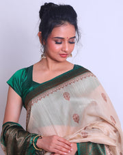 An Off-White Tussar Handloom Saree with antique Zari on the border and pallu - BSK010684