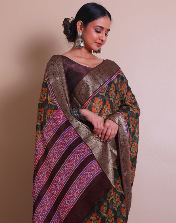 The green blended saree with big flowers printed in self and contrast sounds vibrant and lively. - BLN01274