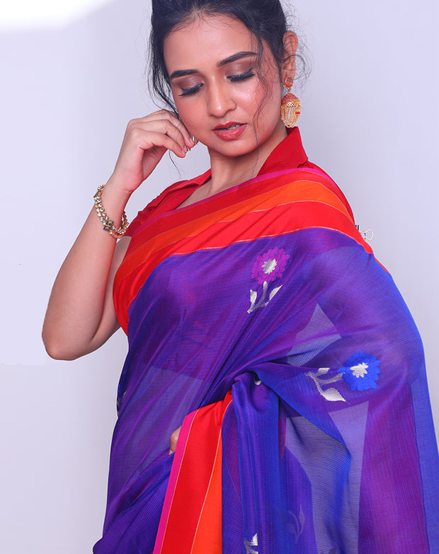 A Royal Blue Silk Kota Checks saree with a contrast red and kearai border sounds elegant and traditional - KSL02926