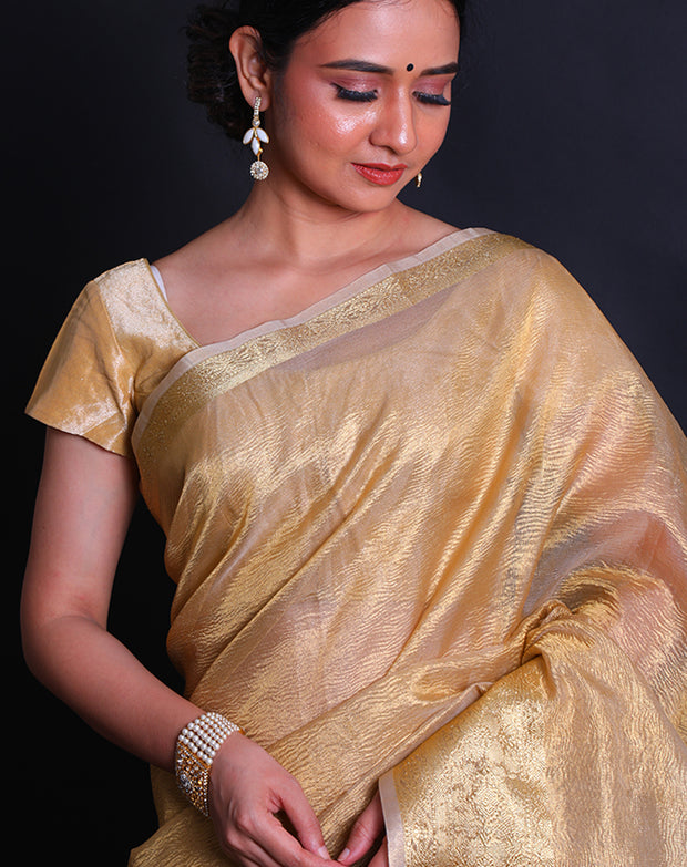 The gold-crusted tissue saree with a gold zari border and pallu exudes luxury and opulence.- FCT011106