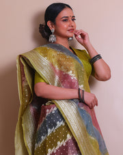A multi Banarasi organza saree with multi-color and zari woven throughout the drape. - BSK010625