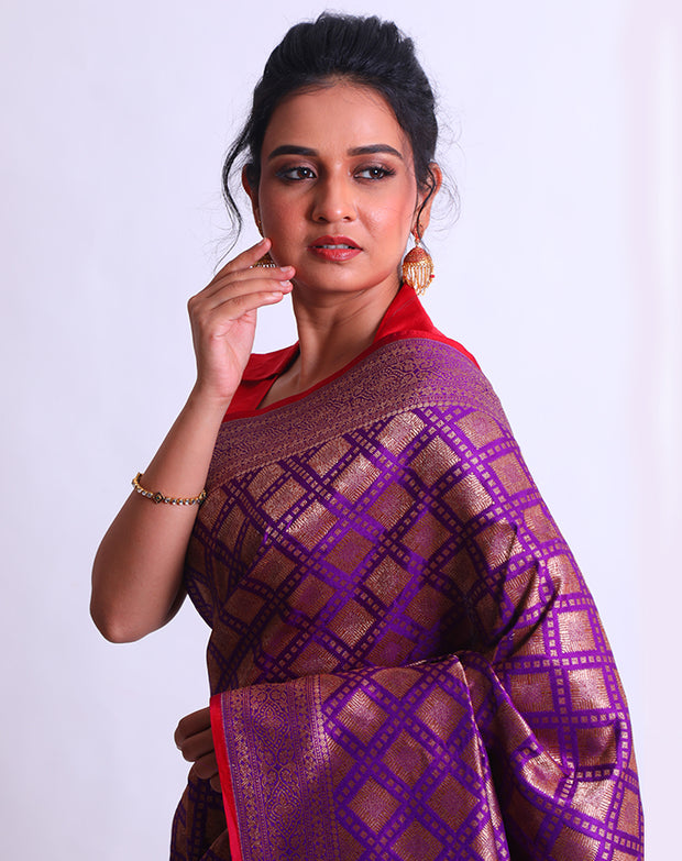 A Purple Handloom Silk saree with antique Zari woven on the border and pallu sounds absolutely stunning - BSK010293