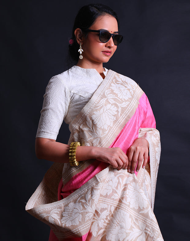 The pink Tussar silk handloom saree with beige thread woven in the border and pallu,- BSK09122