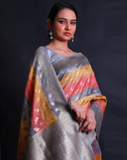 The multi-colored Banarasi cotton saree with bird design woven in zari as buttis all over the drape,- BSK010630